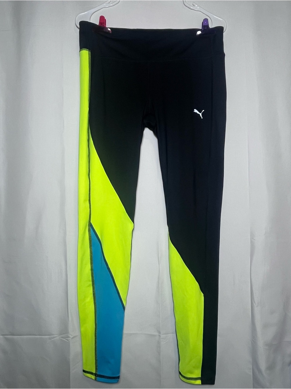 Puma Black Leggings with Neon Yellow & Teal Panels